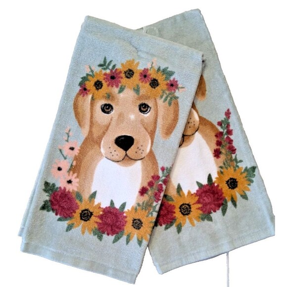 Ritz Sitting Pretty Puppy Kitchen Towels 2pc Fall Floral Daisy on Gray Gift NEW - Picture 1 of 4